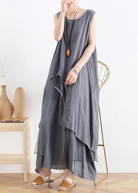 DIY green cotton Tunics o neck asymmetric Robe summer Dresses - SooLinen