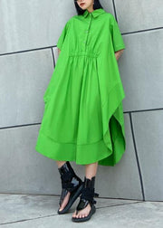 DIY green cotton clothes Women lapel asymmetric Kaftan Dress - SooLinen