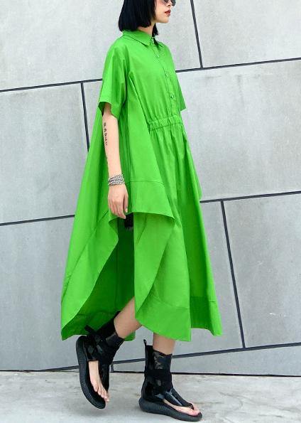 DIY green cotton clothes Women lapel asymmetric Kaftan Dress - SooLinen