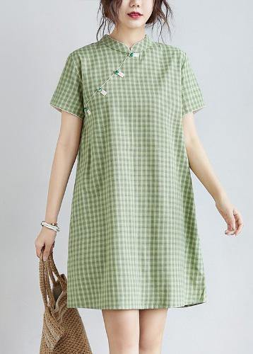 DIY green plaid Cotton clothes Women stand collar pockets oversized Dress - SooLinen