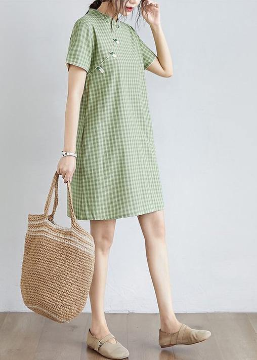 DIY green plaid Cotton clothes Women stand collar pockets oversized Dress - SooLinen