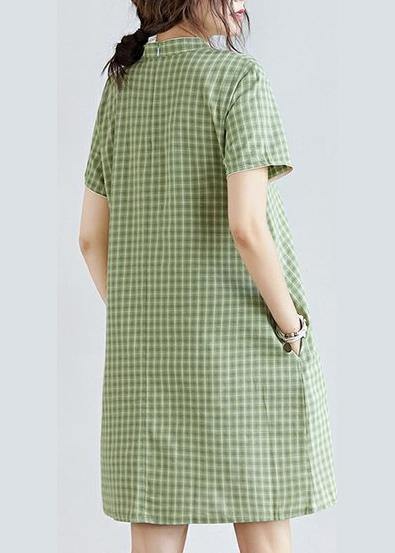 DIY green plaid Cotton clothes Women stand collar pockets oversized Dress - SooLinen