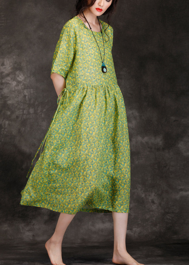 DIY green print linen clothes For Women Casual Work patchwork o neck Kaftan Summer Dresses