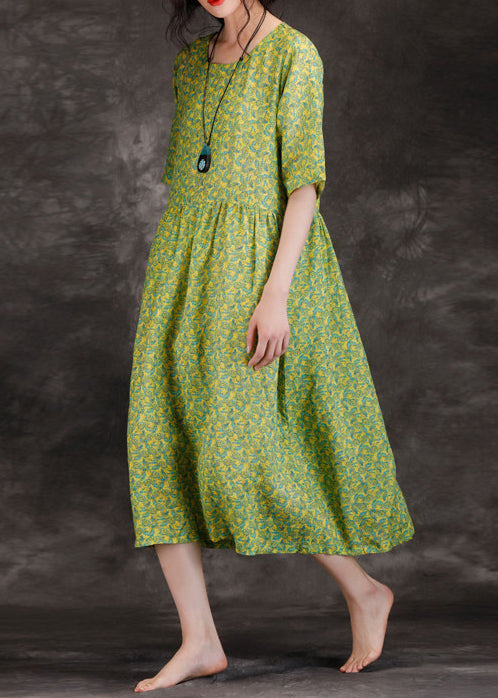 DIY green print linen clothes For Women Casual Work patchwork o neck Kaftan Summer Dresses