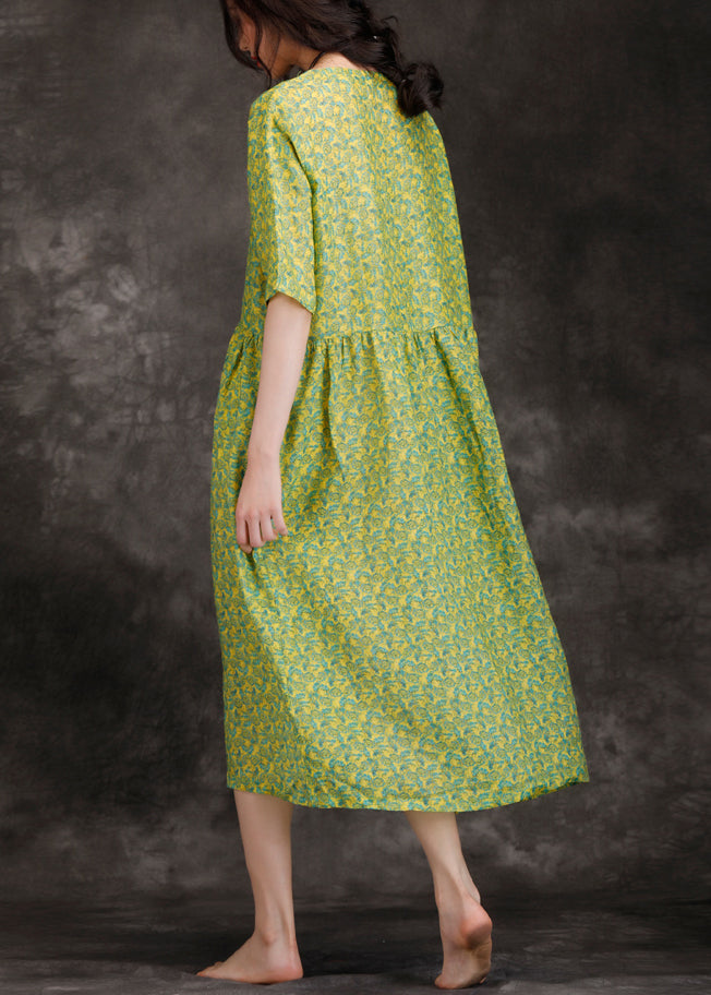 DIY green print linen clothes For Women Casual Work patchwork o neck Kaftan Summer Dresses