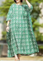 DIY green print linen quilting dresses o neck baggy Maxi summer Dress - SooLinen