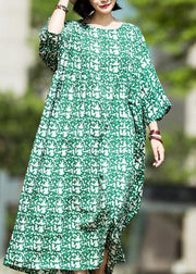 DIY green print linen quilting dresses o neck baggy Maxi summer Dress - SooLinen