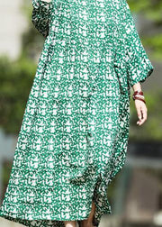 DIY green print linen quilting dresses o neck baggy Maxi summer Dress - SooLinen