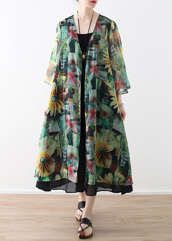 DIY grüne Drucke Chiffon Outwear Frauen Form Strickjacke Sommer