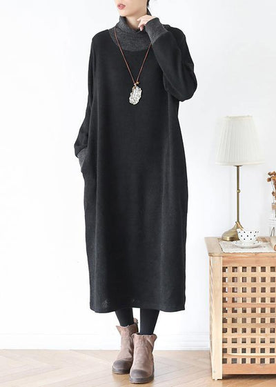 DIY high neck patchwork Tunics Inspiration black loose Dresses - SooLinen