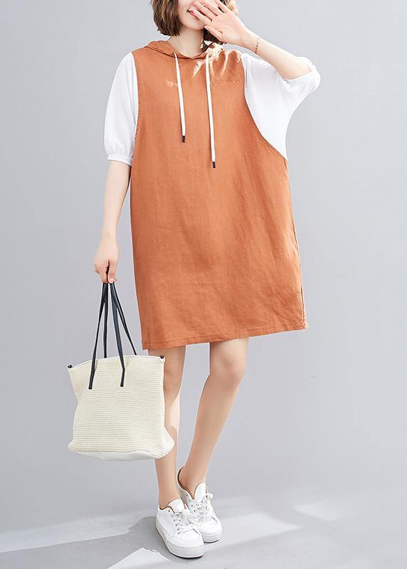 DIY hooded Batwing Sleeve linen cotton dress linen orange Dresses - SooLinen