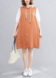 DIY hooded Batwing Sleeve linen cotton dress linen orange Dresses - SooLinen