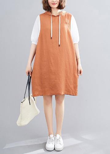 DIY hooded Batwing Sleeve linen cotton dress linen orange Dresses - SooLinen