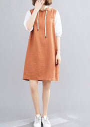 DIY hooded Batwing Sleeve linen cotton dress linen orange Dresses - SooLinen