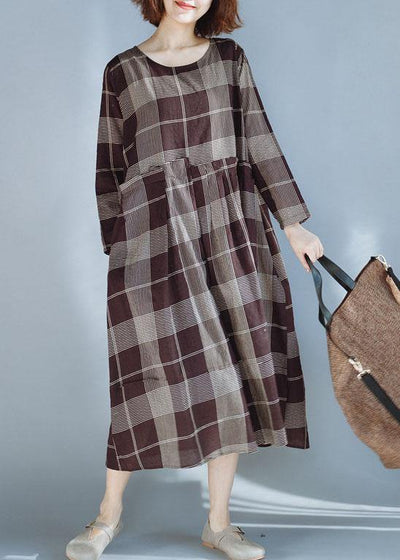 DIY khaki plaid cotton quilting dresses patchwork Robe summer Dress - SooLinen