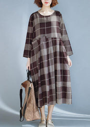 DIY khaki plaid cotton quilting dresses patchwork Robe summer Dress - SooLinen