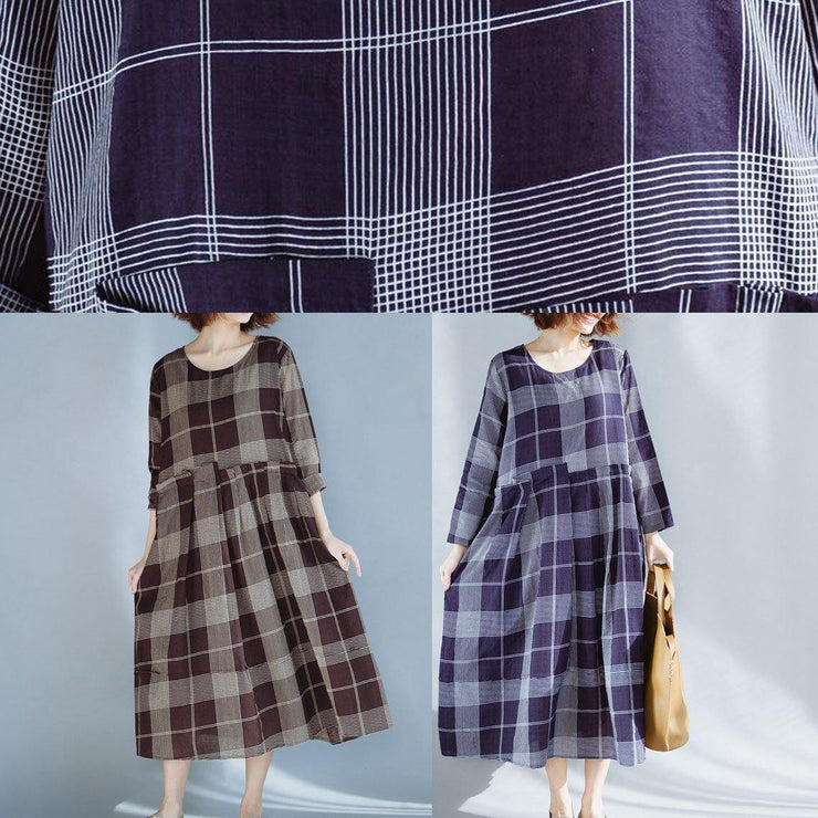 DIY khaki plaid cotton quilting dresses patchwork Robe summer Dress - SooLinen