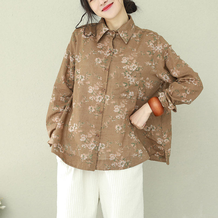 DIY khaki print linen blouses for women plus size Cotton lapel Button Down oversized blouses