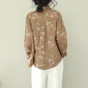 DIY khaki print linen blouses for women plus size Cotton lapel Button Down oversized blouses