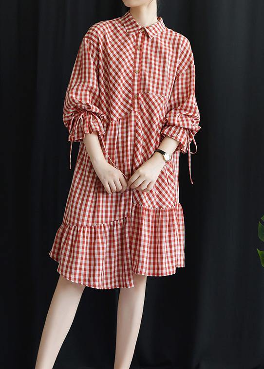 DIY lapel asymmetric Cotton dresses Fashion Ideas red Plaid Dress fall - SooLinen