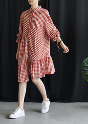 DIY lapel asymmetric Cotton dresses Fashion Ideas red Plaid Dress fall - SooLinen