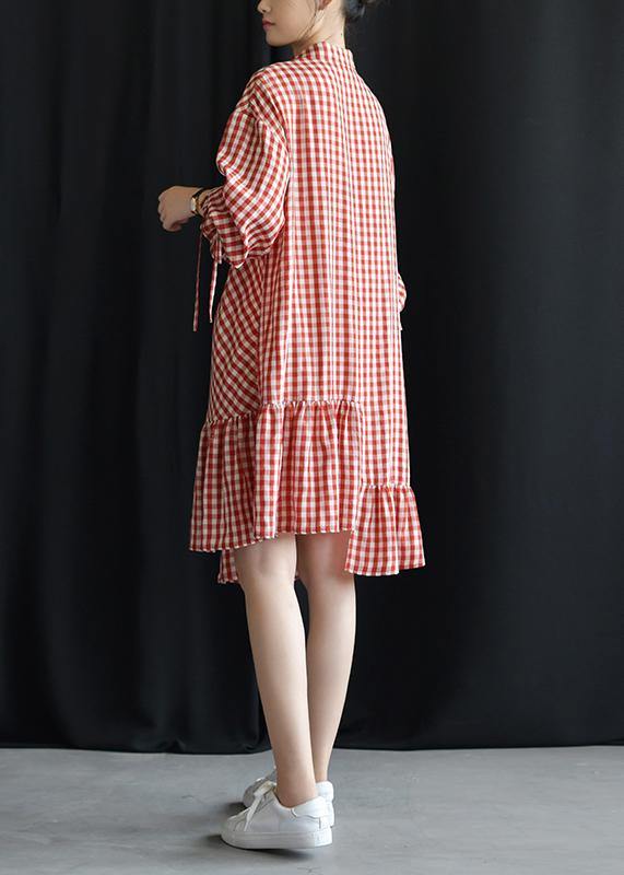 DIY lapel asymmetric Cotton dresses Fashion Ideas red Plaid Dress fall - SooLinen