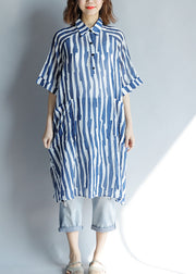 DIY lapel pockets Cotton Tunic Fitted Sleeve blue striped A Line Dresses summer