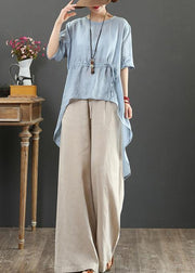 DIY light blue linen clothes o neck asymmetric box shirts - SooLinen