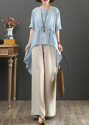 DIY light blue linen clothes o neck asymmetric box shirts - SooLinen