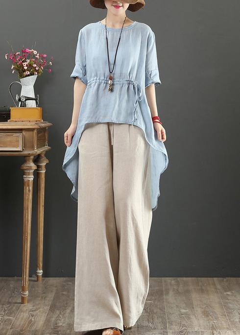 DIY light blue linen clothes o neck asymmetric box shirts - SooLinen