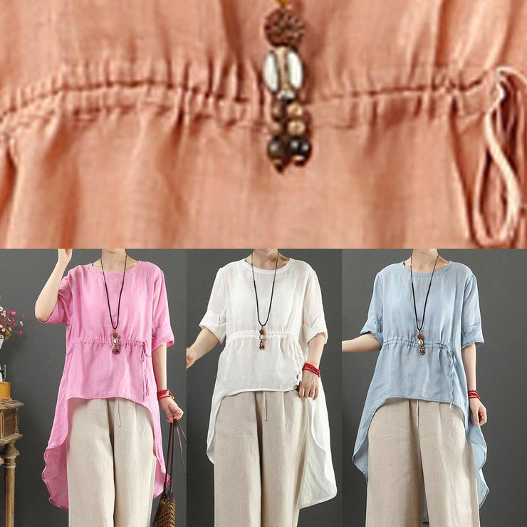 DIY light blue linen clothes o neck asymmetric box shirts - SooLinen