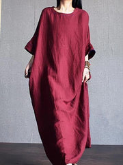 DIY o neck Batwing Sleeve linen clothes pattern red Dresses - SooLinen