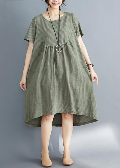 DIY o neck asymmetric Cotton clothes Women plus size Catwalk army green striped Midi Dress Summer - SooLinen