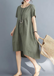 DIY o neck asymmetric Cotton clothes Women plus size Catwalk army green striped Midi Dress Summer - SooLinen