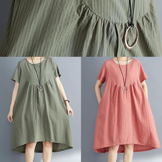 DIY o neck asymmetric Cotton clothes Women plus size Catwalk army green striped Midi Dress Summer - SooLinen