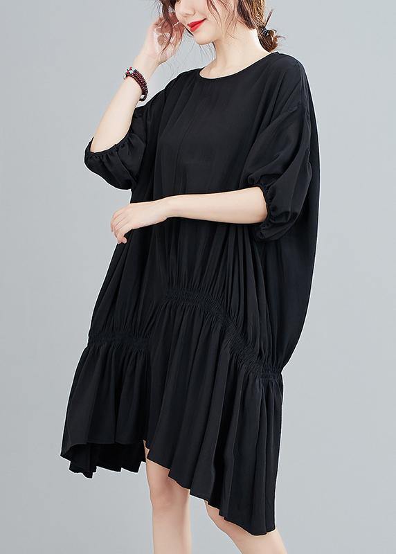 DIY o neck asymmetric summer dress for women black Dress - SooLinen