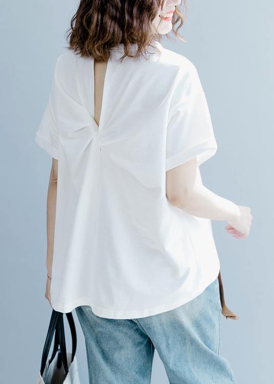 DIY o neck back side open tops Wardrobes white shirt - SooLinen