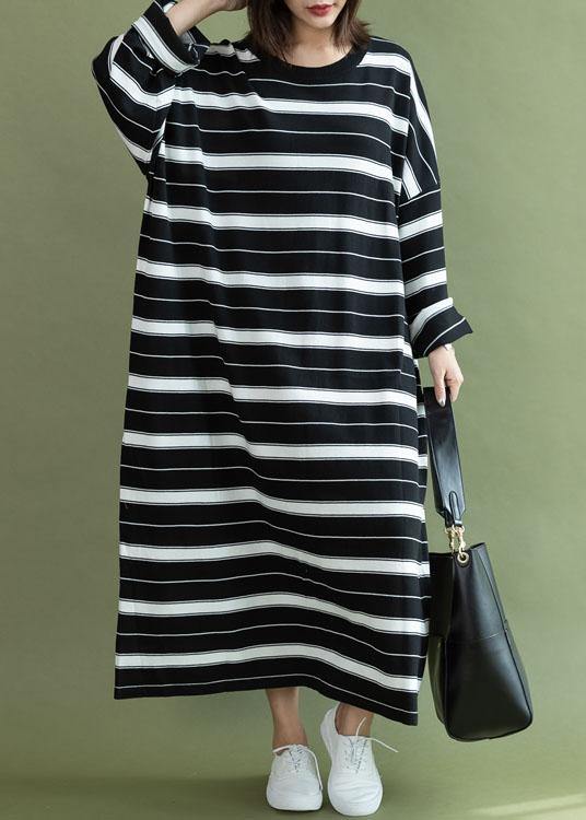 DIY o neck baggy cotton quilting clothes Sewing black white striped Maxi Dress fall - SooLinen