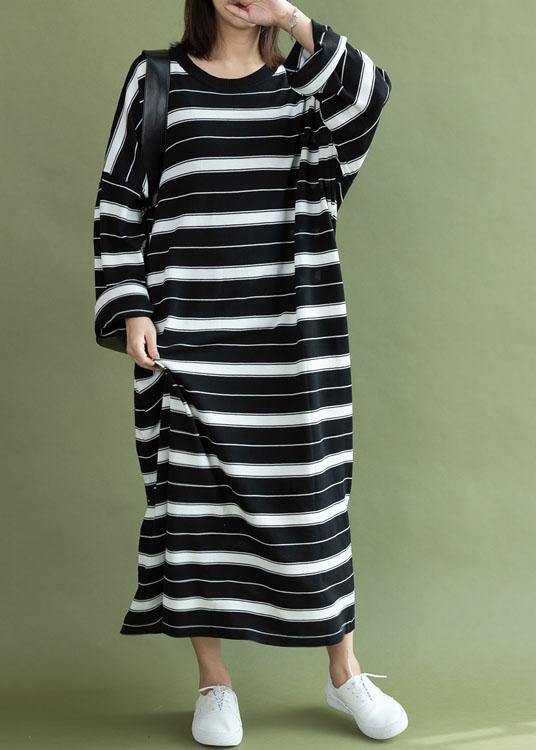 DIY o neck baggy cotton quilting clothes Sewing black white striped Maxi Dress fall - SooLinen