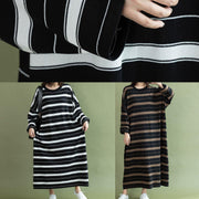 DIY o neck baggy cotton quilting clothes Sewing black white striped Maxi Dress fall - SooLinen