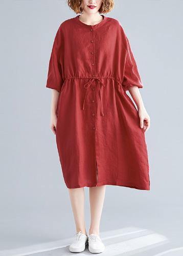 DIY o neck drawstring linen cotton quilting dresses red Shirts Dresses fall - SooLinen