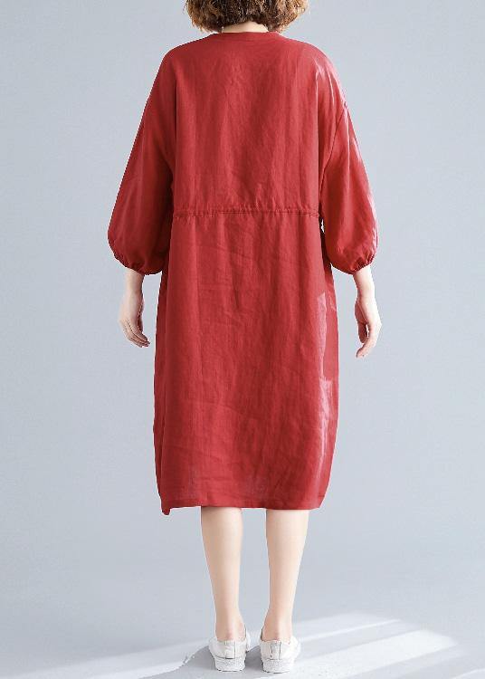 DIY o neck drawstring linen cotton quilting dresses red Shirts Dresses fall - SooLinen