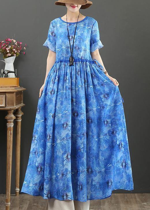 DIY o neck drawstring linen summer Robes Shape blue print Dresses - SooLinen