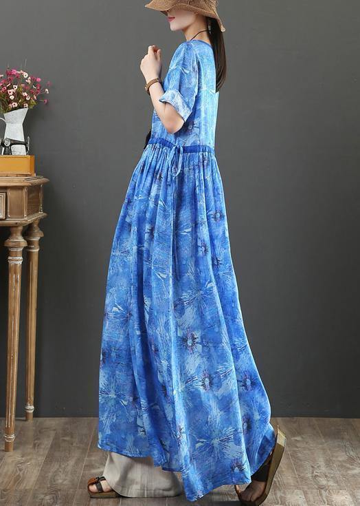 DIY o neck drawstring linen summer Robes Shape blue print Dresses - SooLinen