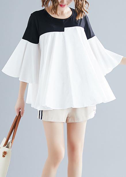 DIY o neck flare sleeve cotton blended shirts Women Tops white Knee tops Summer - SooLinen