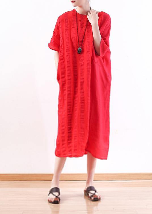 DIY o neck half sleeve linen summer Robes design red Dresses - SooLinen