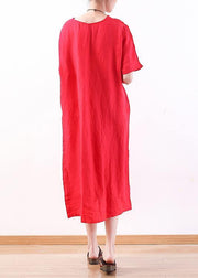 DIY o neck half sleeve linen summer Robes design red Dresses - SooLinen