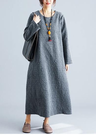 DIY o neck jacquard cotton tunic dress Catwalk gray Maxi Dress fall - SooLinen