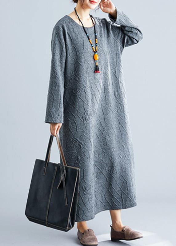 DIY o neck jacquard cotton tunic dress Catwalk gray Maxi Dress fall - SooLinen