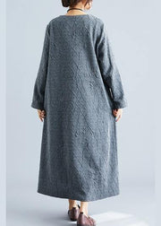 DIY o neck jacquard cotton tunic dress Catwalk gray Maxi Dress fall - SooLinen